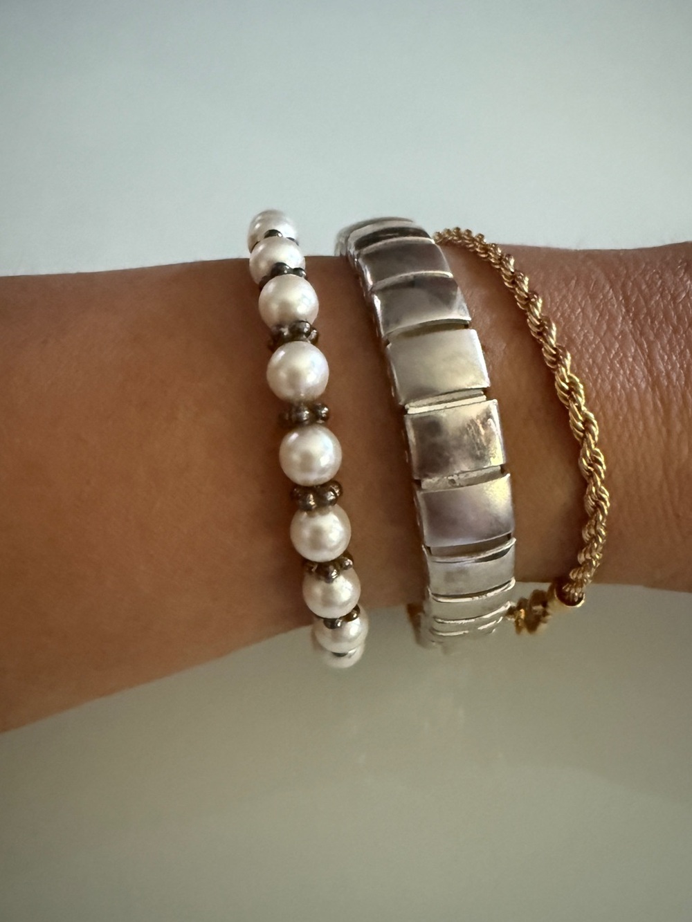 Napier Faux Pearl Silver Block Stretch Gold Rope Chain Statement Stack Bracelet